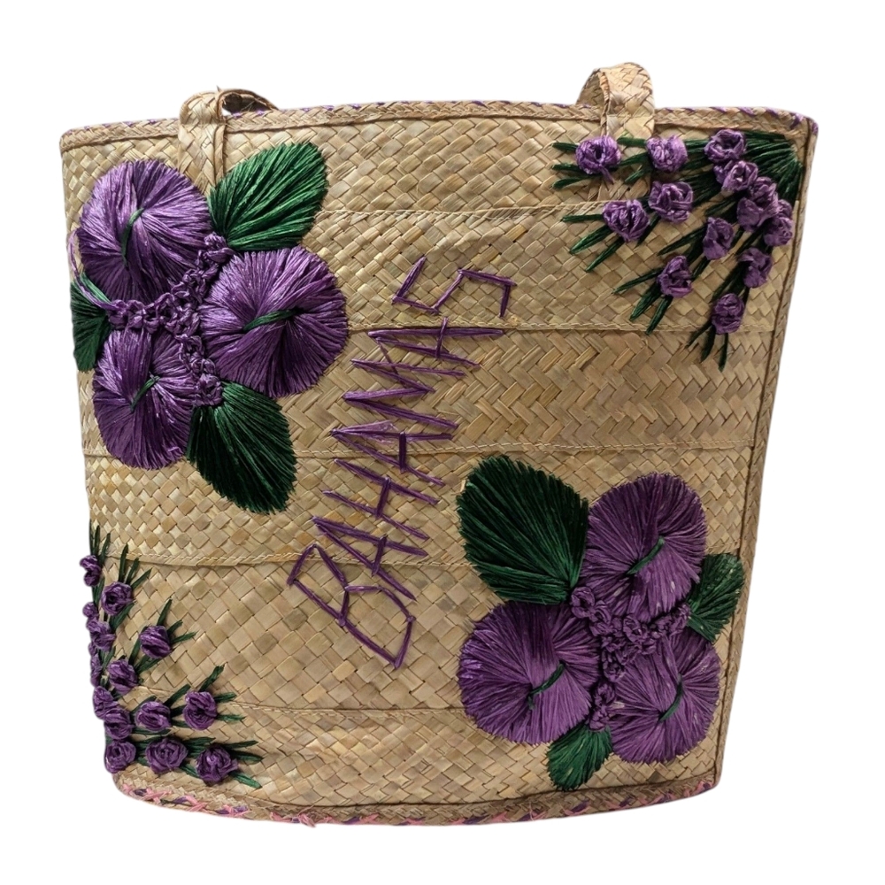 Vintage Tote XL Bahamas Hand Woven Straw Grass Purple Floral Design Decorative